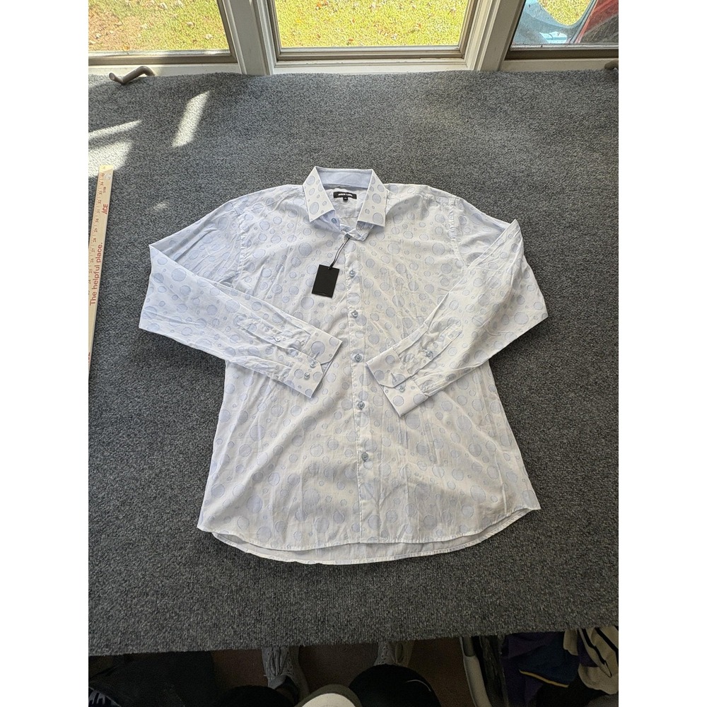 Jared Lang Shirt Mens XL White Blue Polka Dot Jacquard Long Sleeve Button Down
